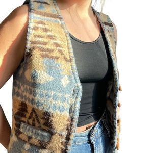 Wool Western Aztec Vintage Vest with Geometric Print in Cream with Blue & Brown